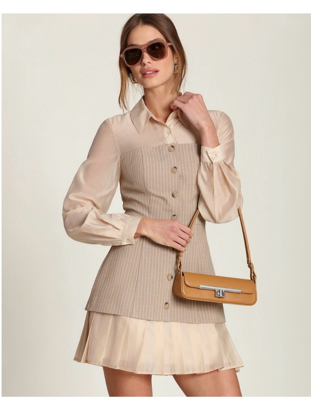 NWT AVEC LES FILLES Women's Pinstripe Organza Mixed Media Shirtdress